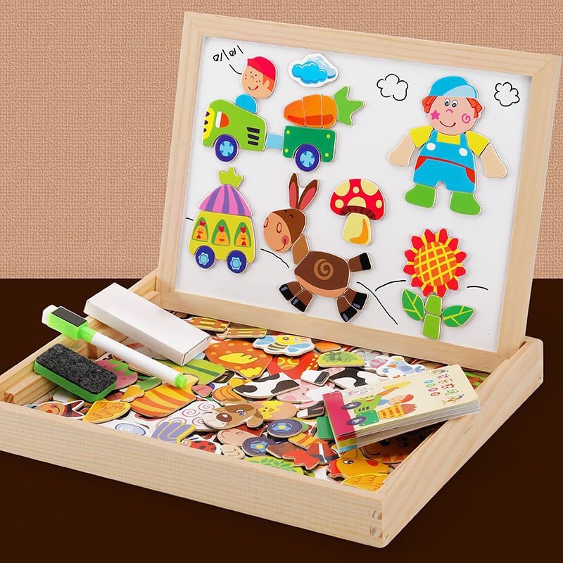 Magnetic Puzzle Board and Drawing with Double-Sided Easel and Wooden Storage - Image 4