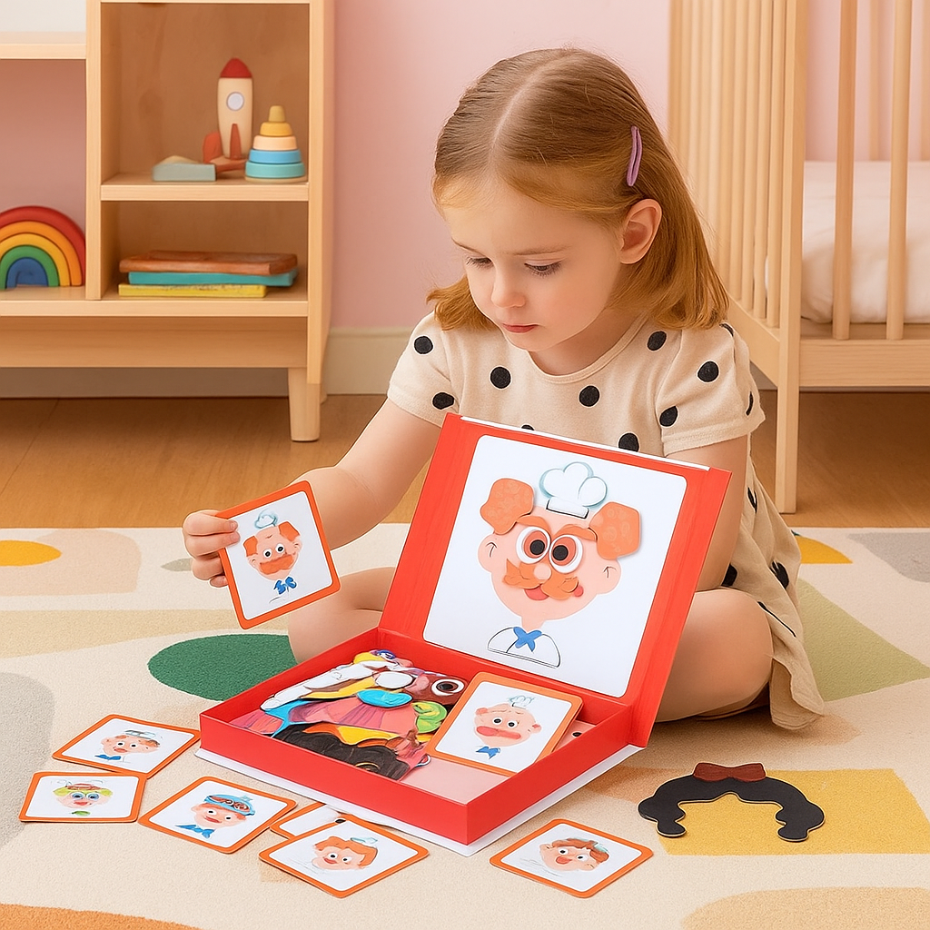Magnetic Puzzle Toy for Kids''' with Face and Dress Up Pieces Portable Book-Shaped Storage Box - Image 1