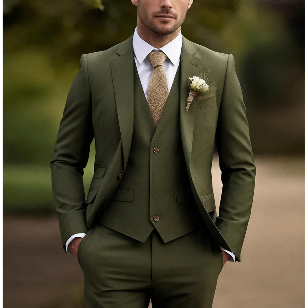 Men's 3 Piece Suit with Vest Slim Fit Tailored Jacket and Flat Front Trousers Tuxedo - Image 1