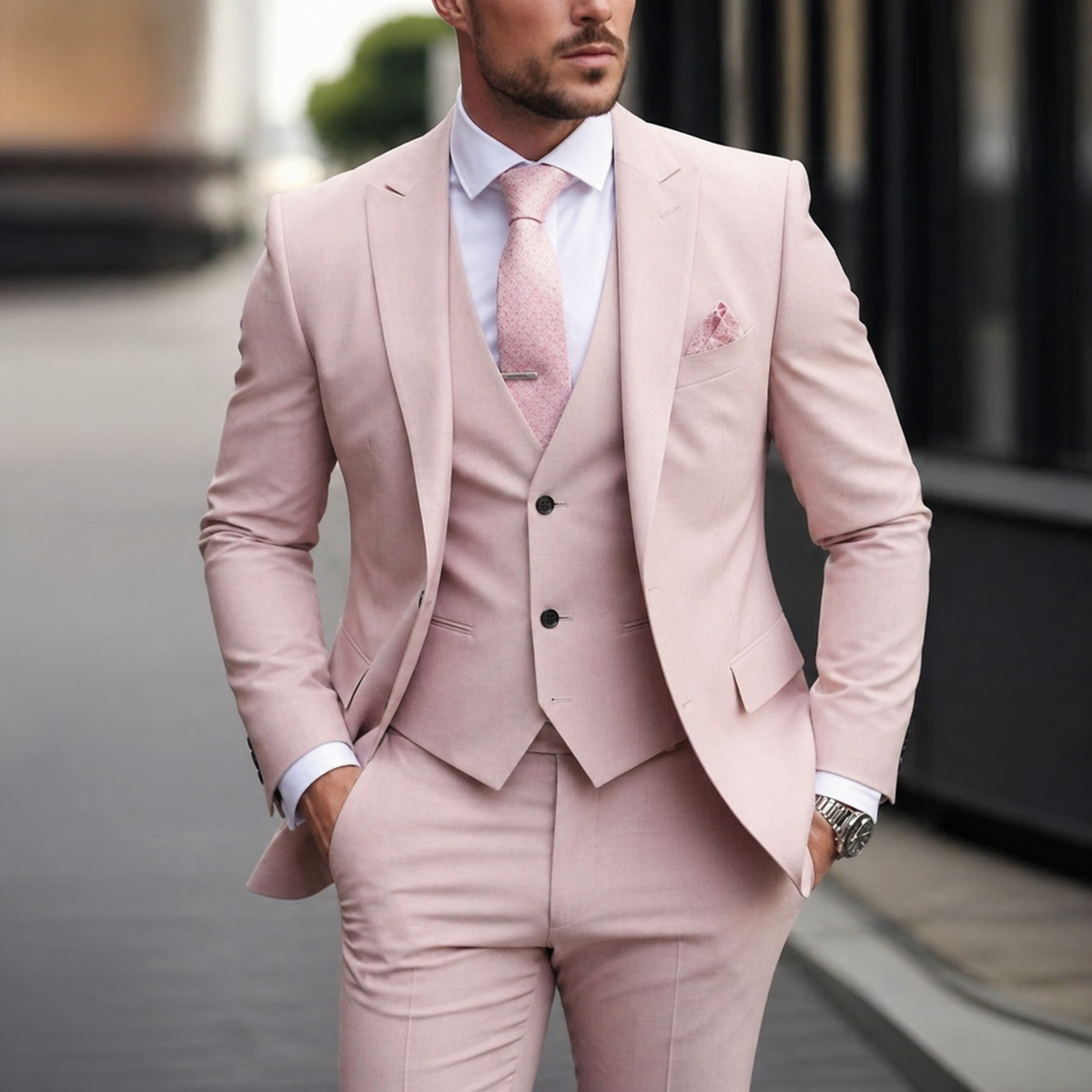Men's 3 Piece Suit with Vest Slim Fit Tailored Jacket and Flat Front Trousers Tuxedo - Image 12