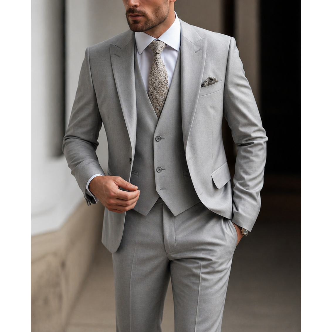 Men's 3 Piece Suit with Vest Slim Fit Tailored Jacket and Flat Front Trousers Tuxedo - Image 3