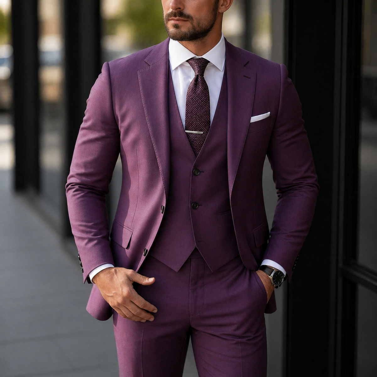 Men's 3 Piece Suit with Vest Slim Fit Tailored Jacket and Flat Front Trousers Tuxedo - Image 6