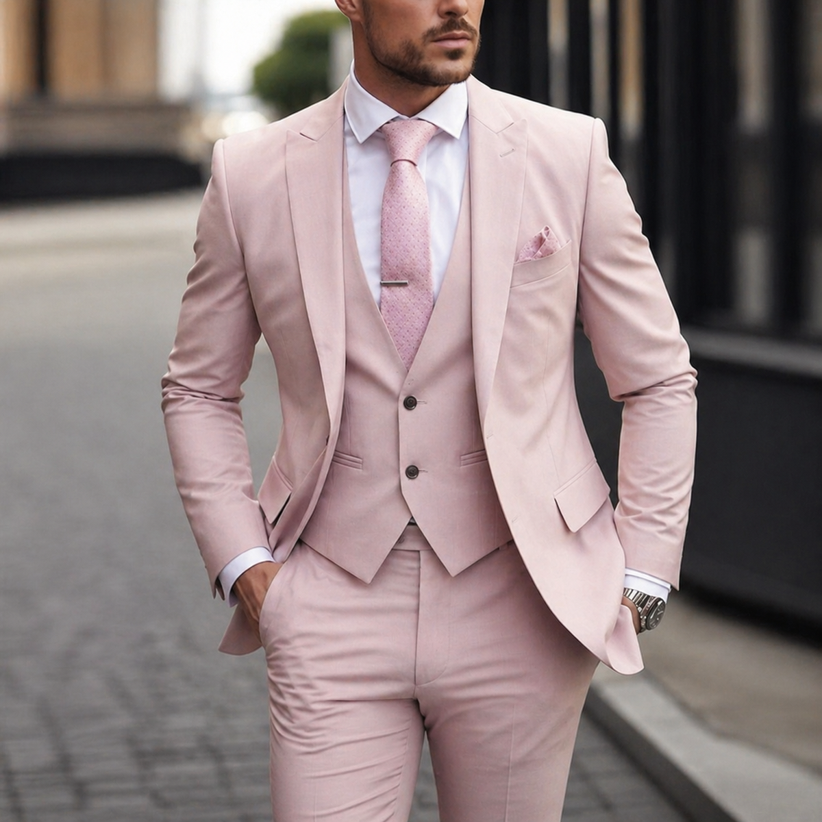 Men's 3 Piece Suit with Vest Slim Fit Tailored Jacket and Flat Front Trousers Tuxedo - Image 7