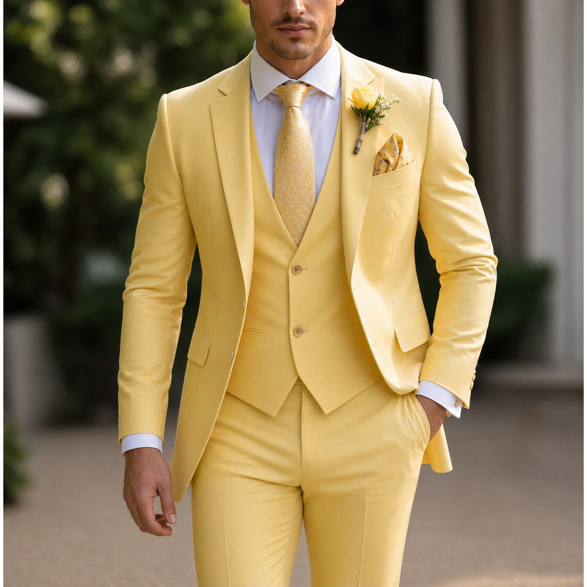 Men's 3 Piece Suit with Vest Slim Fit Tailored Jacket and Flat Front Trousers Tuxedo - Image 9