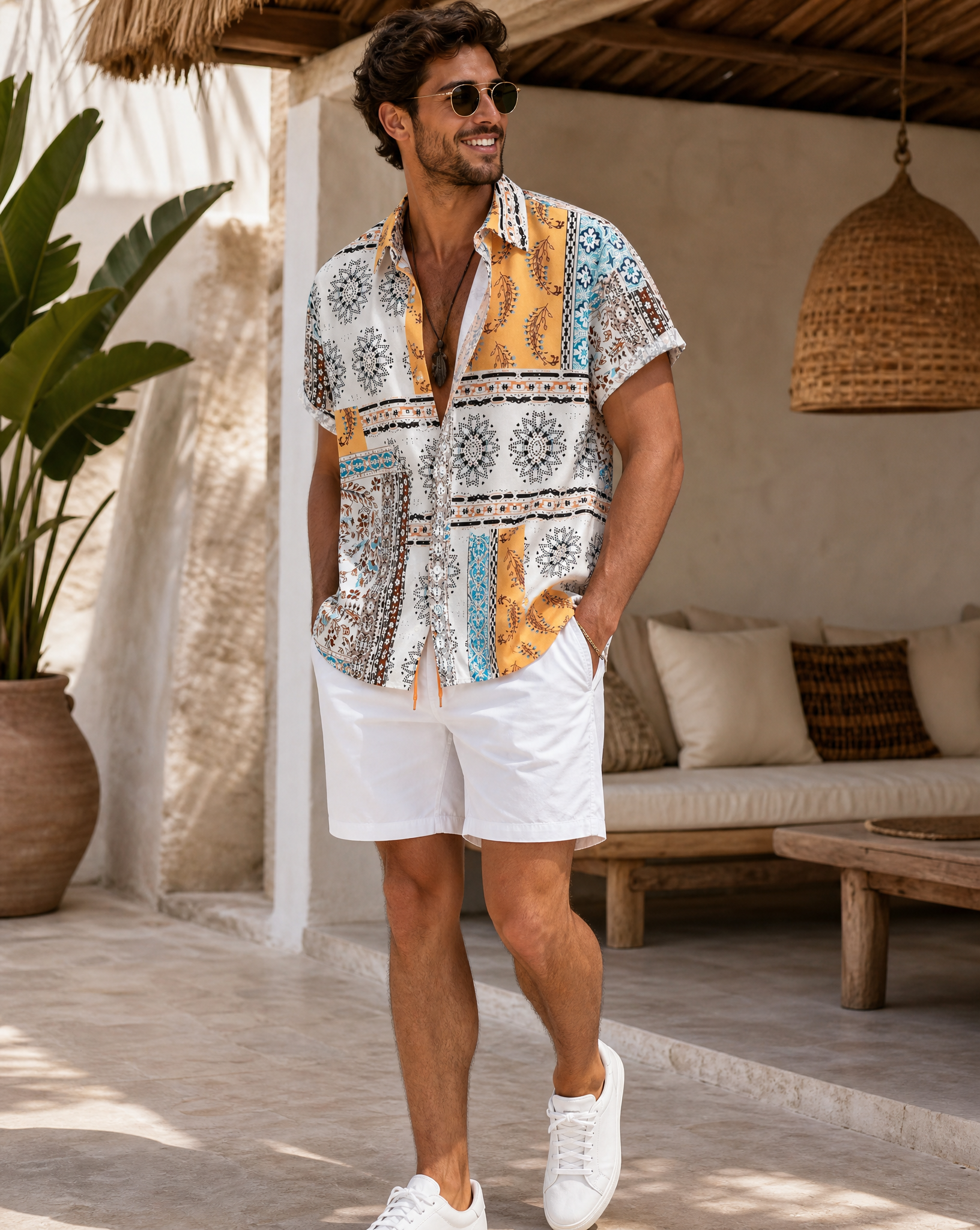 Men's Aztec Print Short Sleeve Shirt and Drawstring Shorts Set