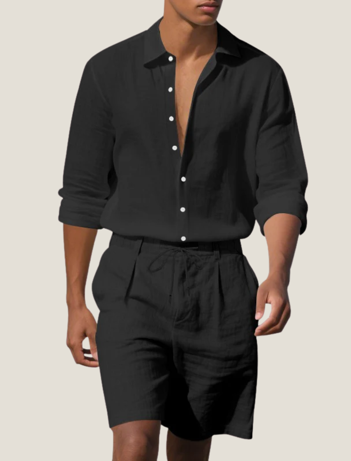 Men's Linen Long Sleeve Shirt and Drawstring Shorts Set — back view
