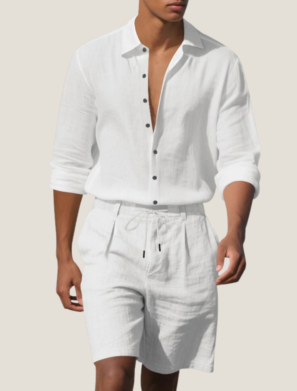 Men's Linen Long Sleeve Shirt and Drawstring Shorts Set — detail view