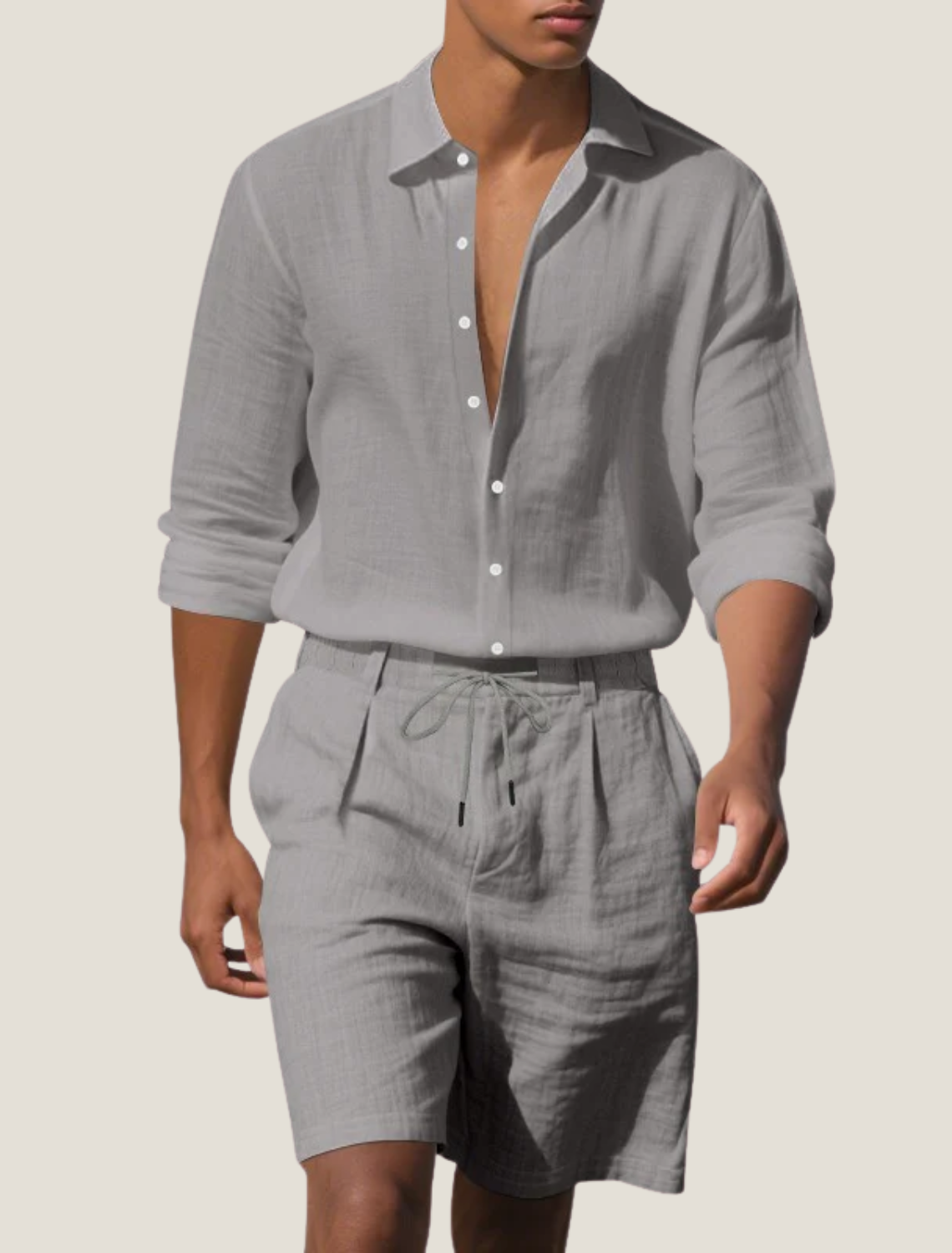 Men's Linen Long Sleeve Shirt and Drawstring Shorts Set — model wearing