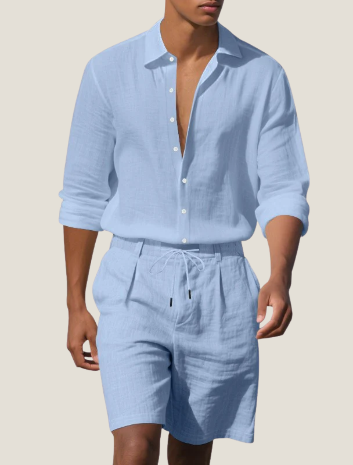Men's Linen Long Sleeve Shirt and Drawstring Shorts Set — side view