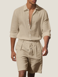 Men's Breathable Linen Long Sleeve Button Shirt with Adjustable Cuffs and Drawstring Shorts Two Piece Beach Set