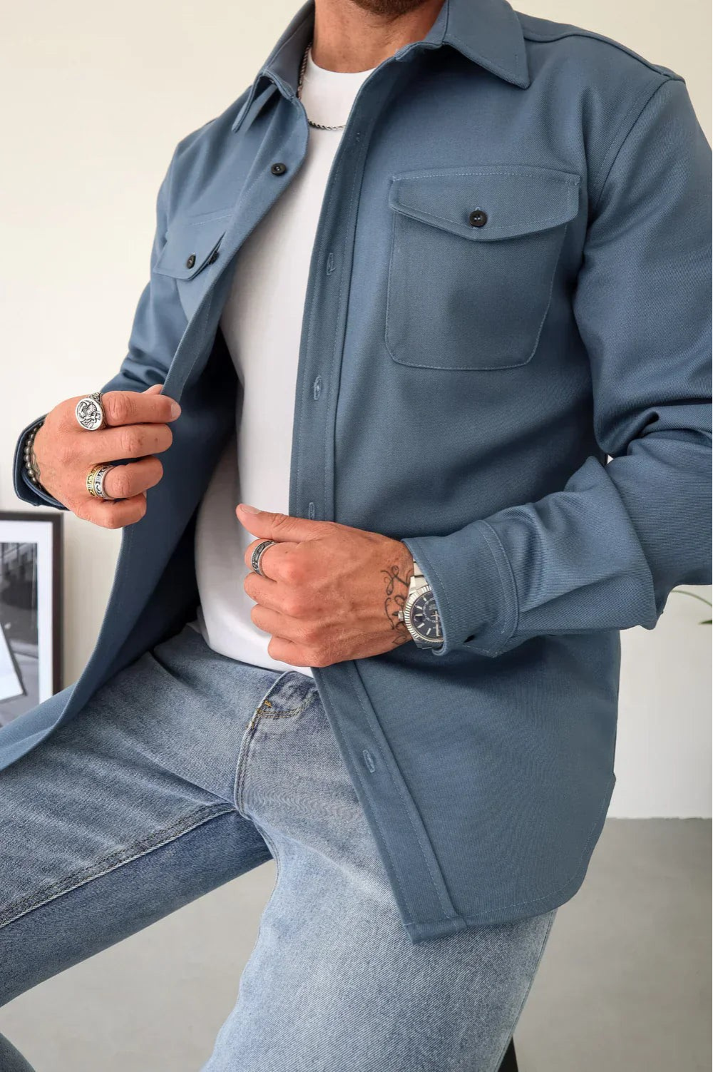 Men's Button-Up Overshirt Shacket with Chest Pocket — image 12