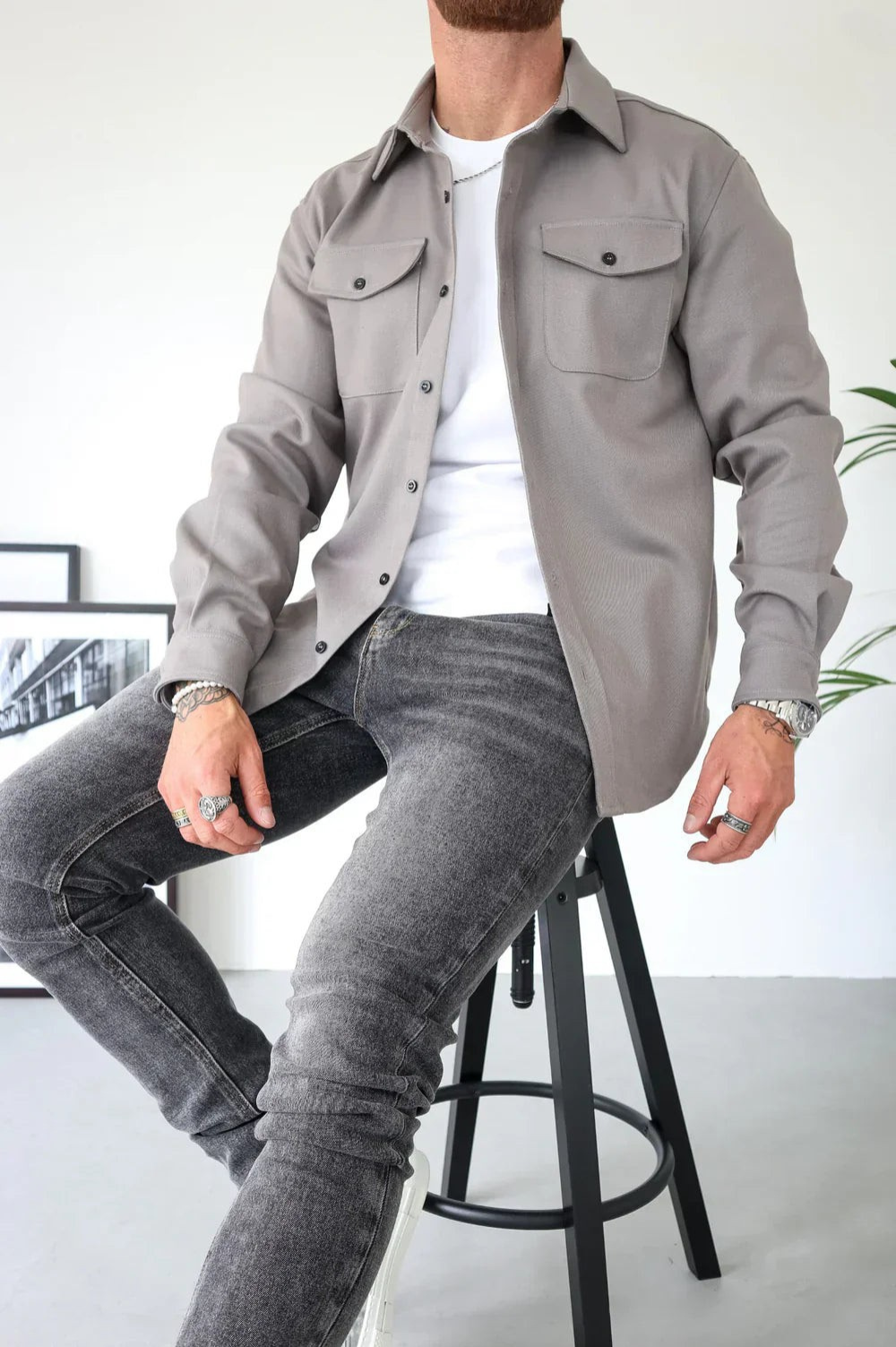 Men's Button-Up Overshirt Shacket with Chest Pocket — back view