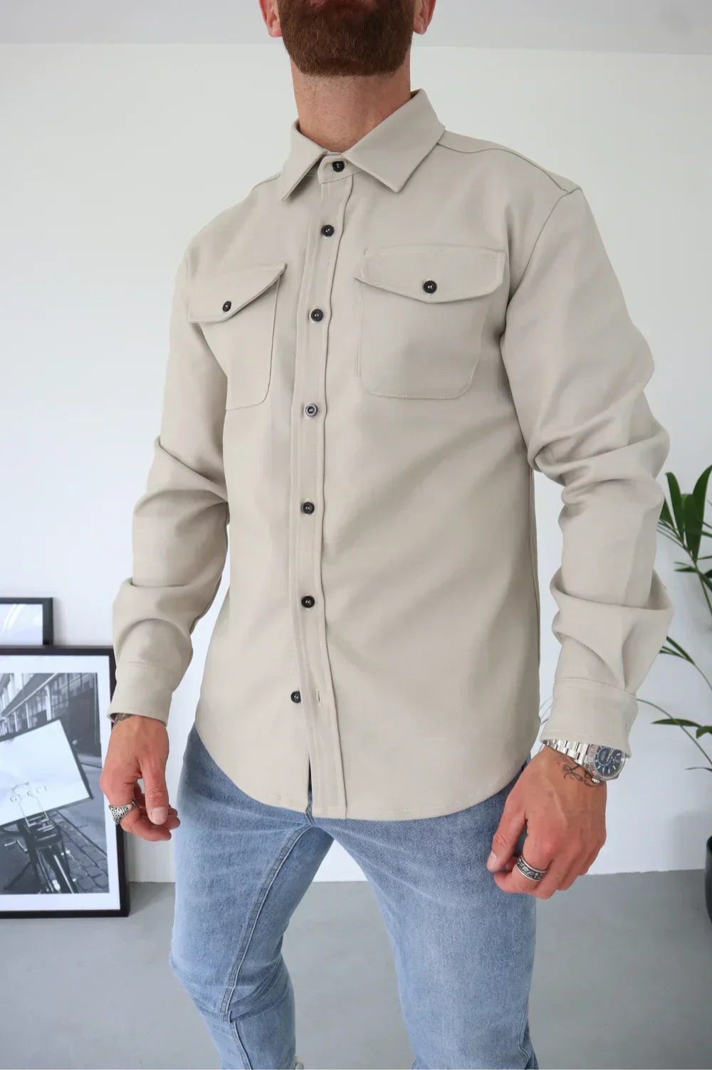 Men's Button-Up Overshirt Shacket with Chest Pocket — fabric detail