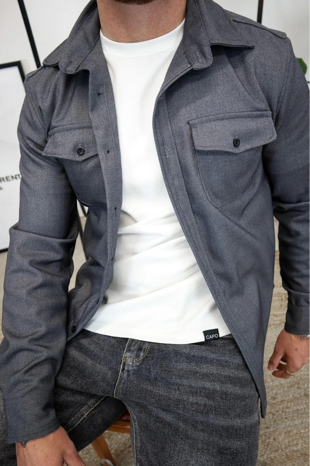 Men's Button-Up Overshirt Shacket with Chest Pocket — model wearing