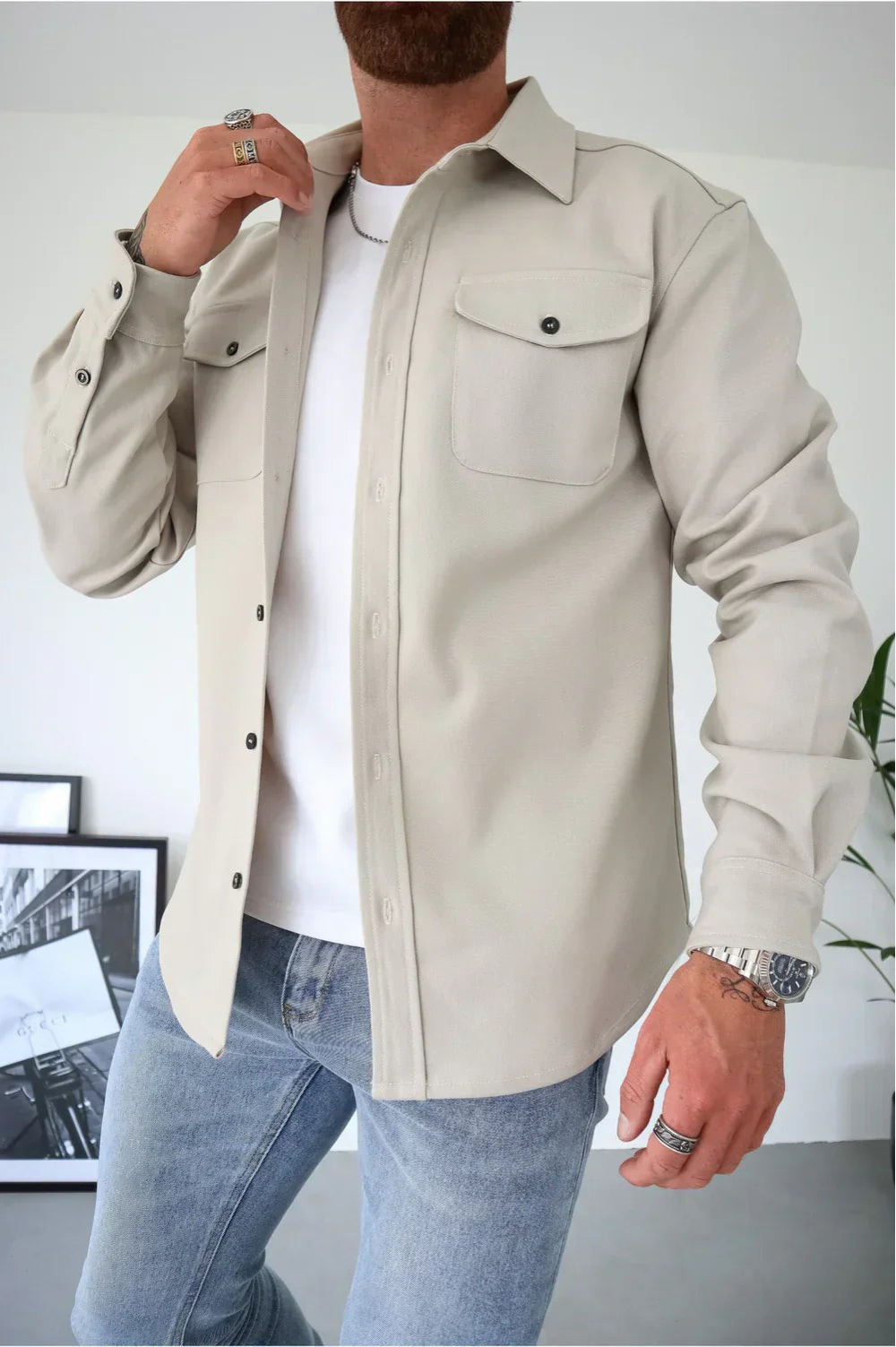 Men's Button-Up Overshirt Shacket with Chest Pocket — styling detail