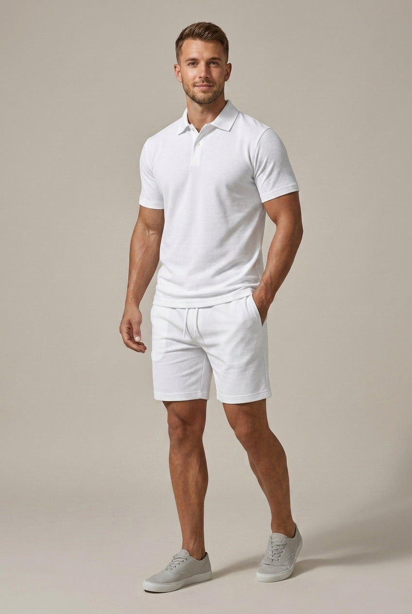 Men's Short Sleeve Button Shirt and Drawstring Shorts Set — close-up