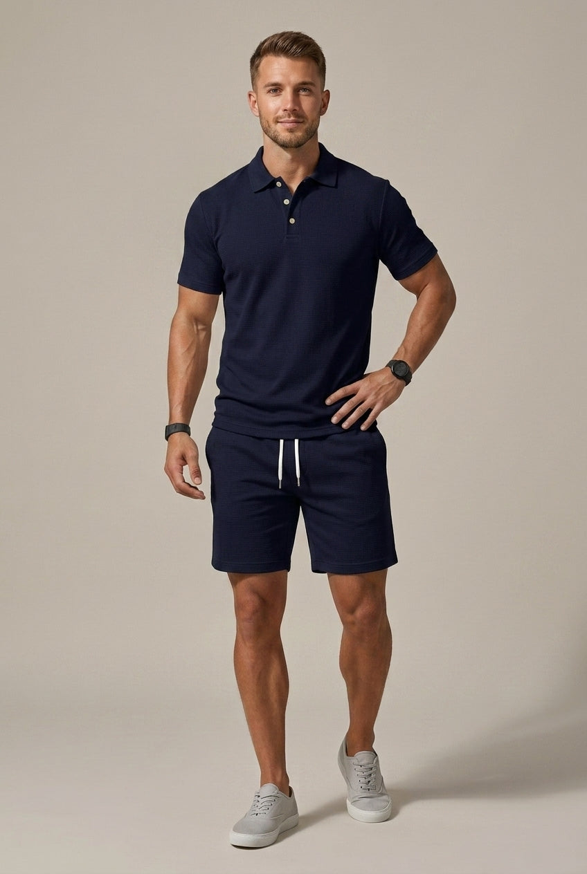 Men's Short Sleeve Button Shirt and Drawstring Shorts Set — model wearing