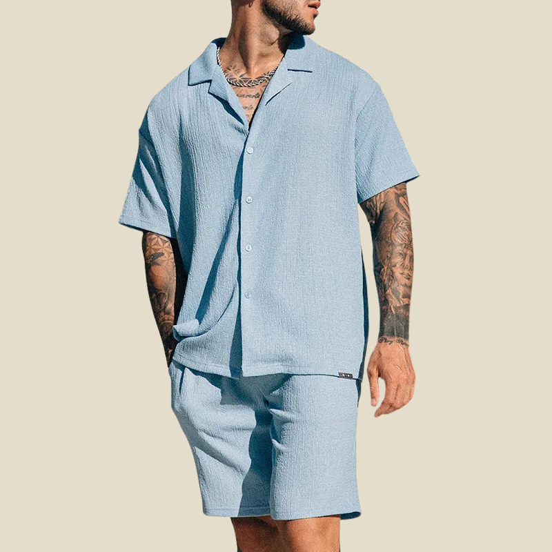 Men's Crinkle Camp Collar Shirt and Elasticated Shorts Set — back view