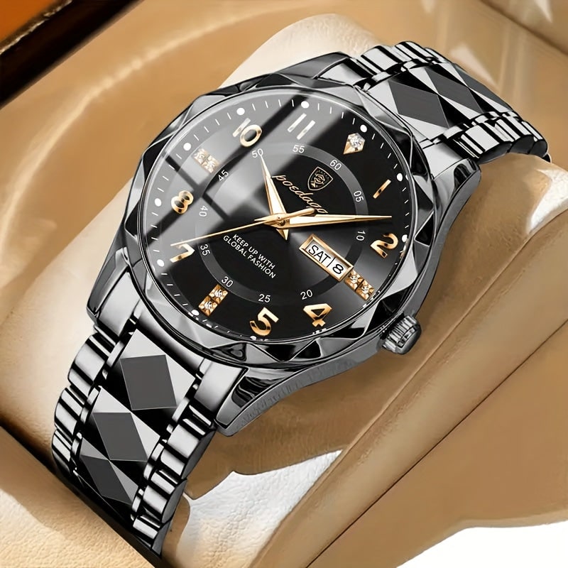 Mens Dress Watch Analog Quartz Day Date Window Faceted Glass Metal - Image 11