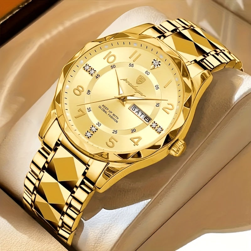 Mens Dress Watch Analog Quartz Day Date Window Faceted Glass Metal - Image 12