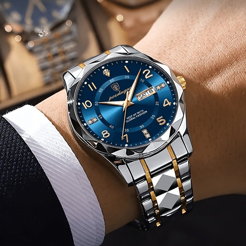 Mens Dress Watch Analog Quartz Day Date Window Faceted Glass Metal - Image 3