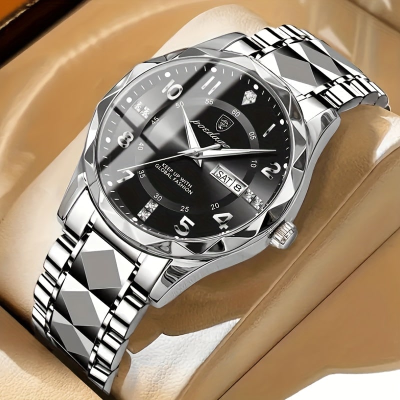 Mens Dress Watch Analog Quartz Day Date Window Faceted Glass Metal - Image 5
