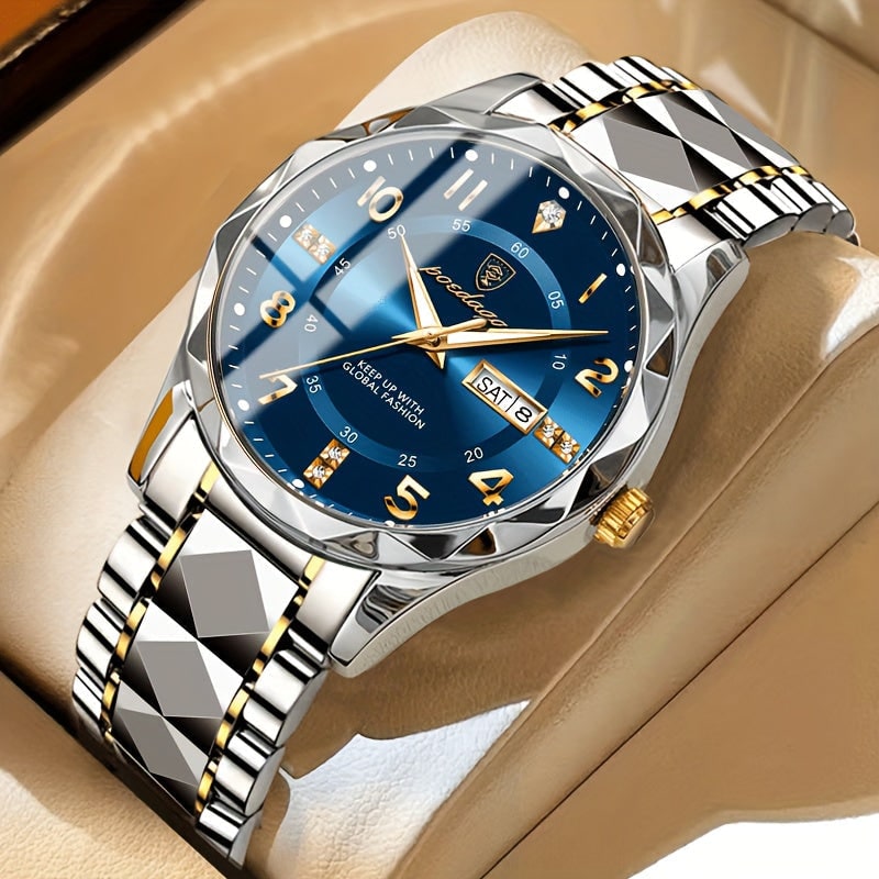 Mens Dress Watch Analog Quartz Day Date Window Faceted Glass Metal - Image 6