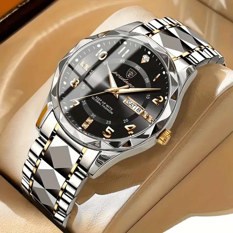 Mens Dress Watch Analog Quartz Day Date Window Faceted Glass Metal - Image 7