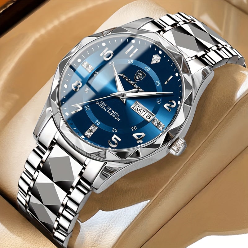 Mens Dress Watch Analog Quartz Day Date Window Faceted Glass Metal - Image 9