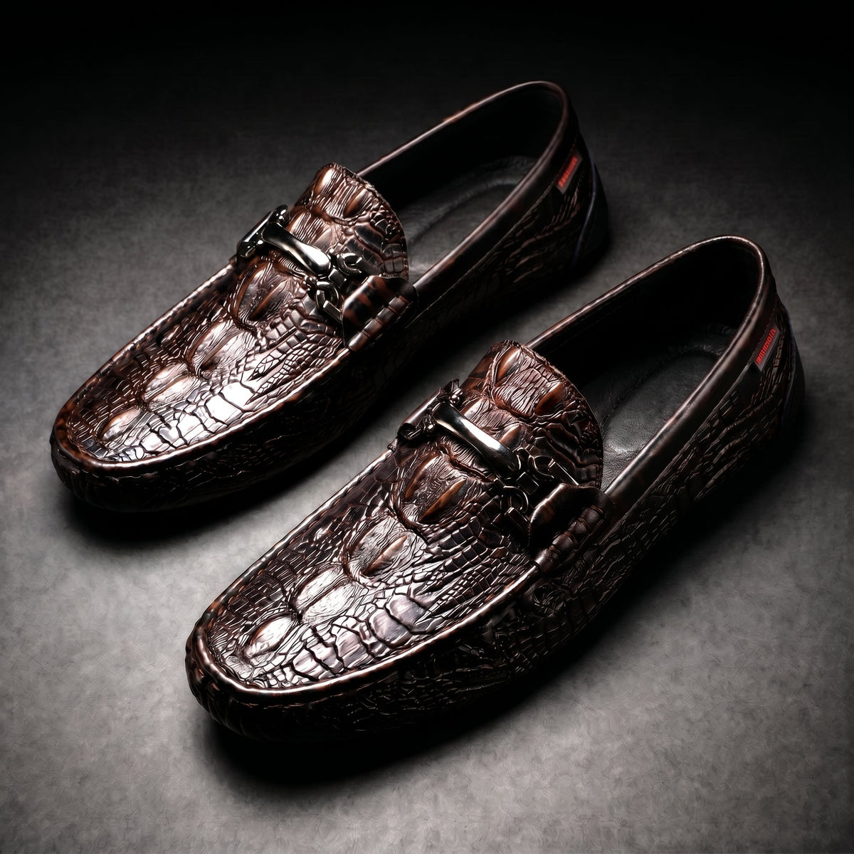 Men's Driving Loafers Slip on with Croc Embossed Leather and Metal Bit Detail Moccasin - Image 1