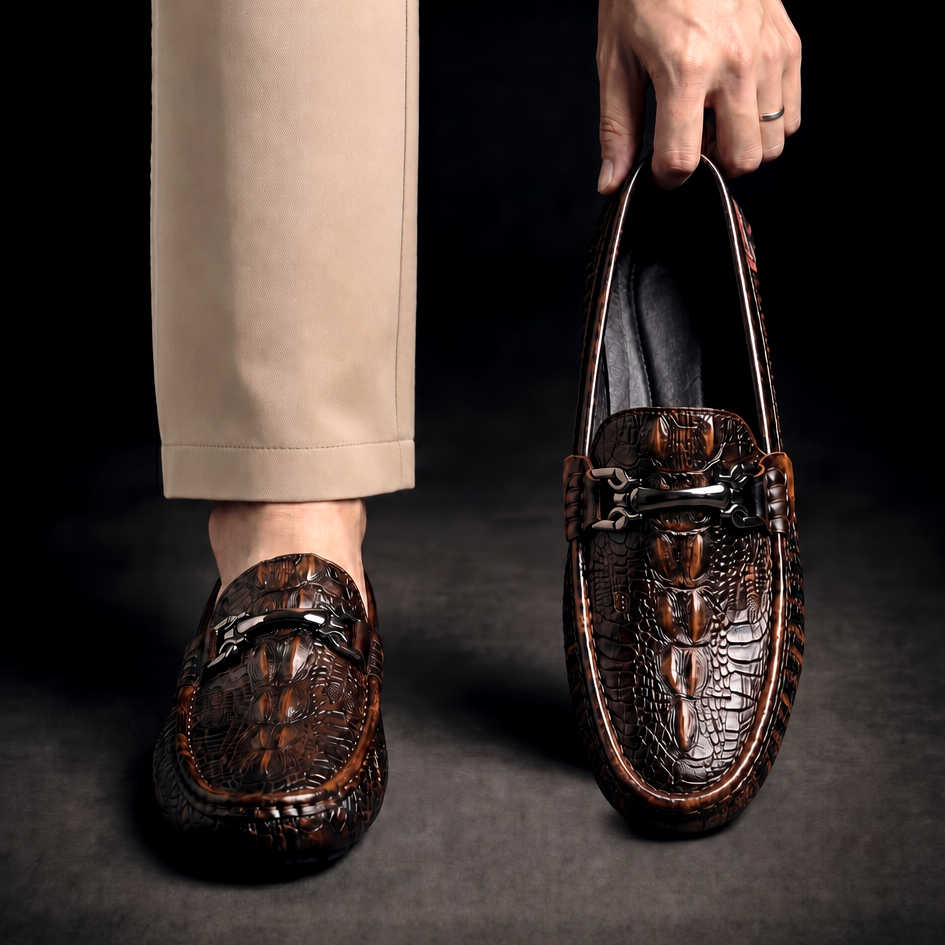 Men's Driving Loafers Slip on with Croc Embossed Leather and Metal Bit Detail Moccasin - Image 2