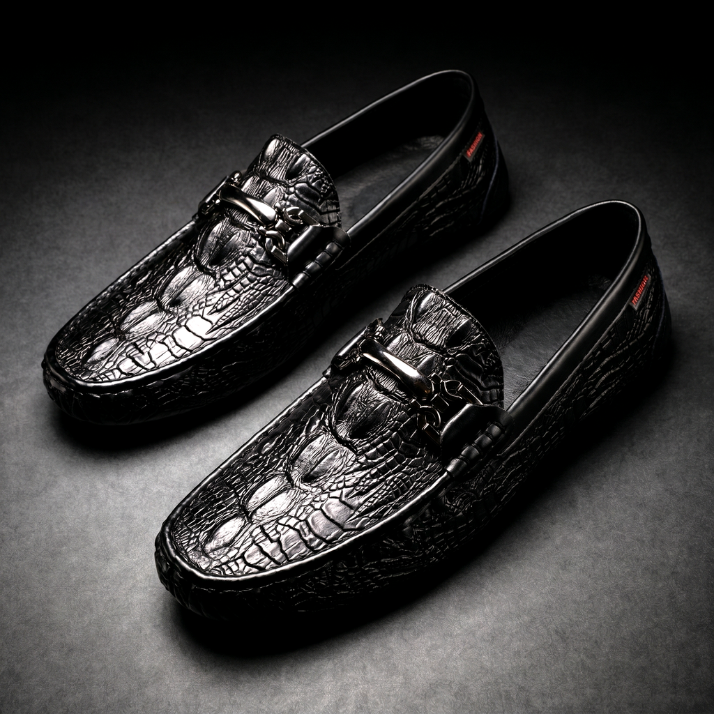 Men's Driving Loafers Slip on with Croc Embossed Leather and Metal Bit Detail Moccasin - Image 5