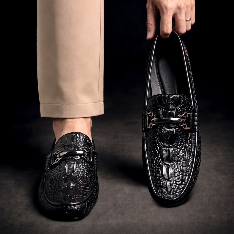 Men's Driving Loafers Slip on with Croc Embossed Leather and Metal Bit Detail Moccasin - Image 6
