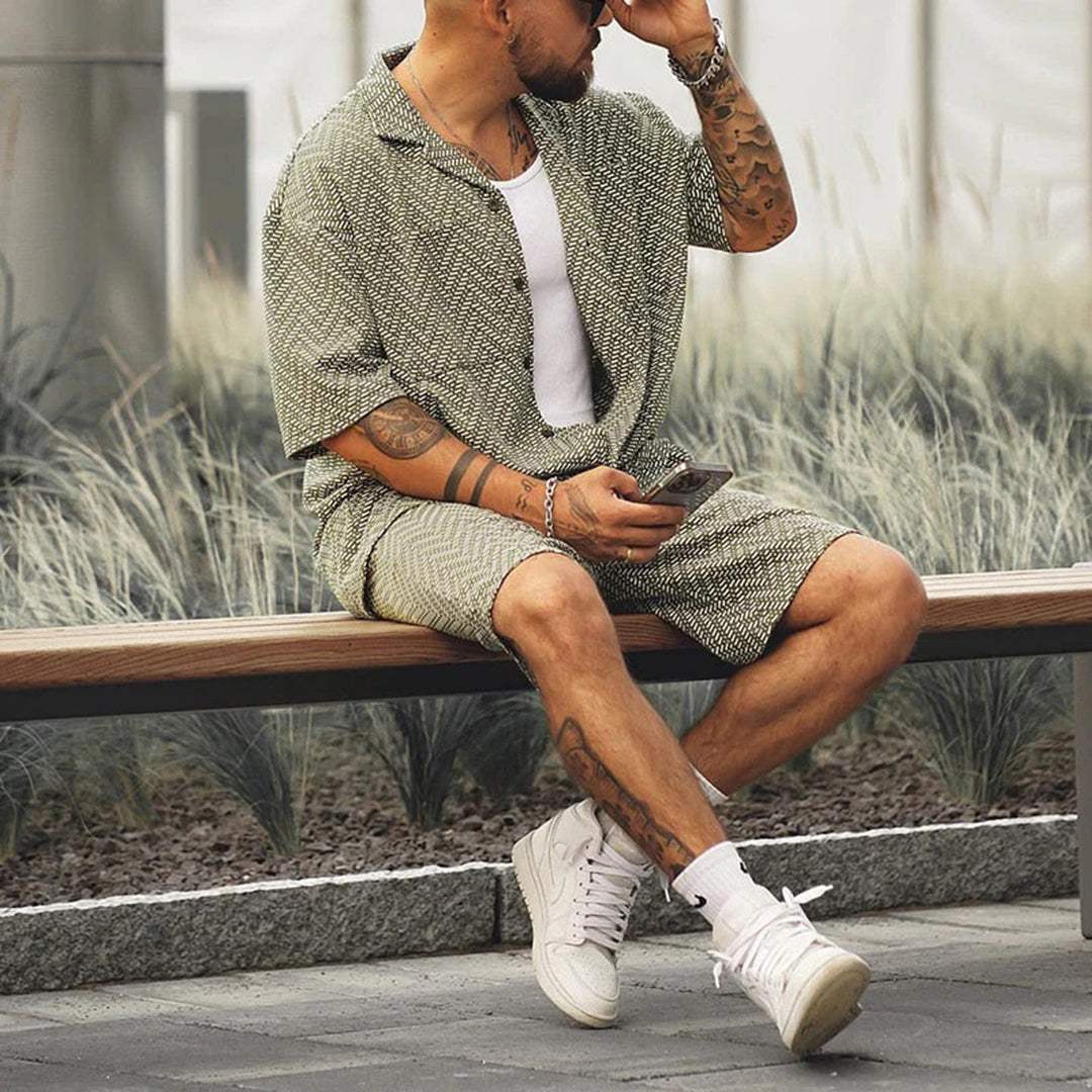 Men's Green Chevron Print Shirt and Drawstring Shorts Set — back view