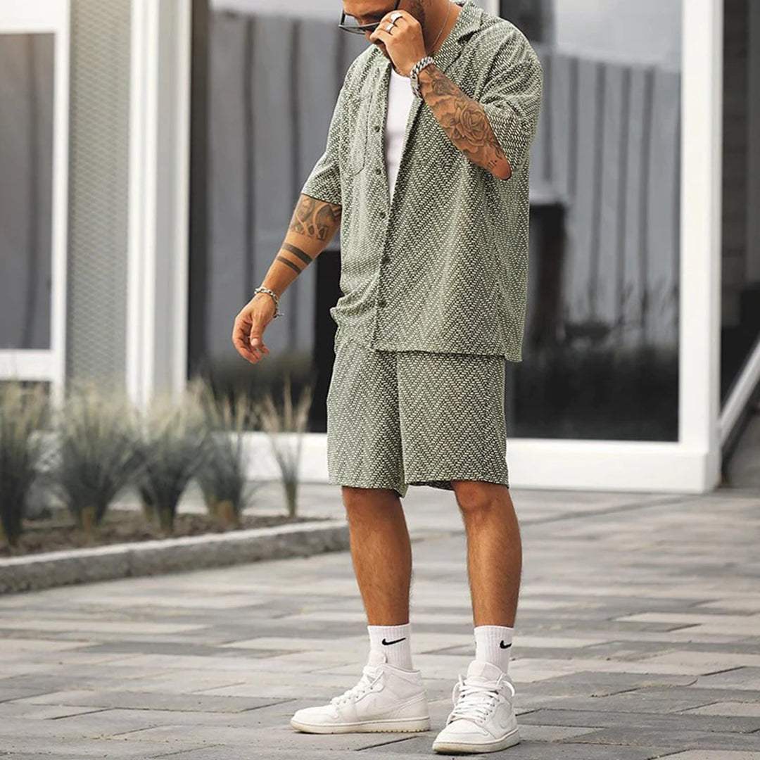 Men's Green Chevron Print Shirt and Drawstring Shorts Set — side view