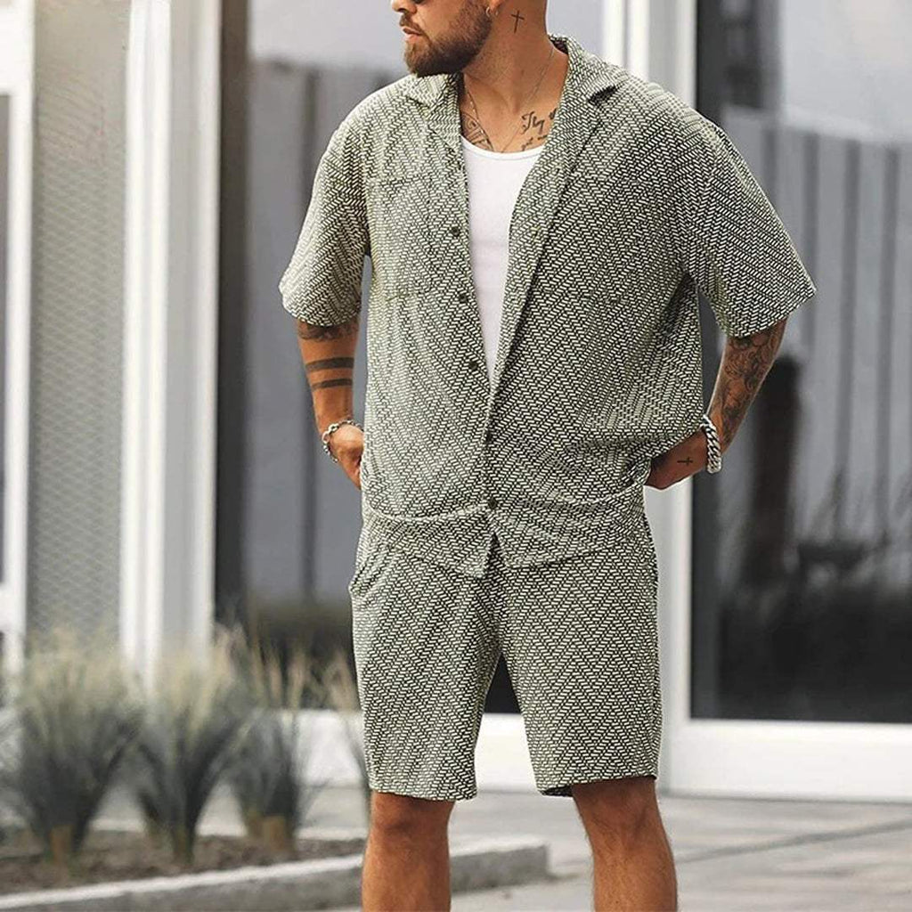 Men's Green Chevron Print Short Sleeve Button Down Shirt and Drawstring Shorts Two Piece Casual Summer Set