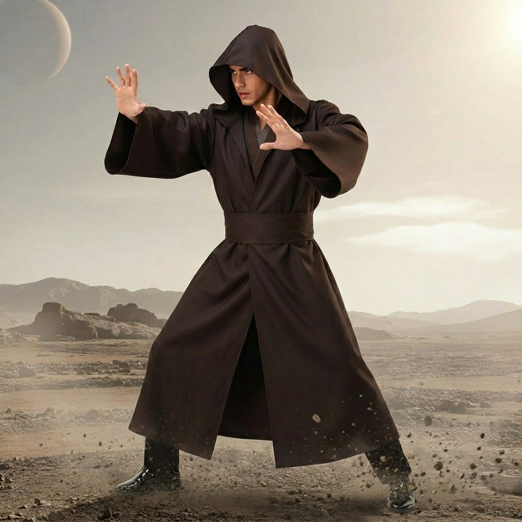 Men's Halloween Cosplay Jedi Costume Robe with Hooded Tunic and Pants Set - Image 1