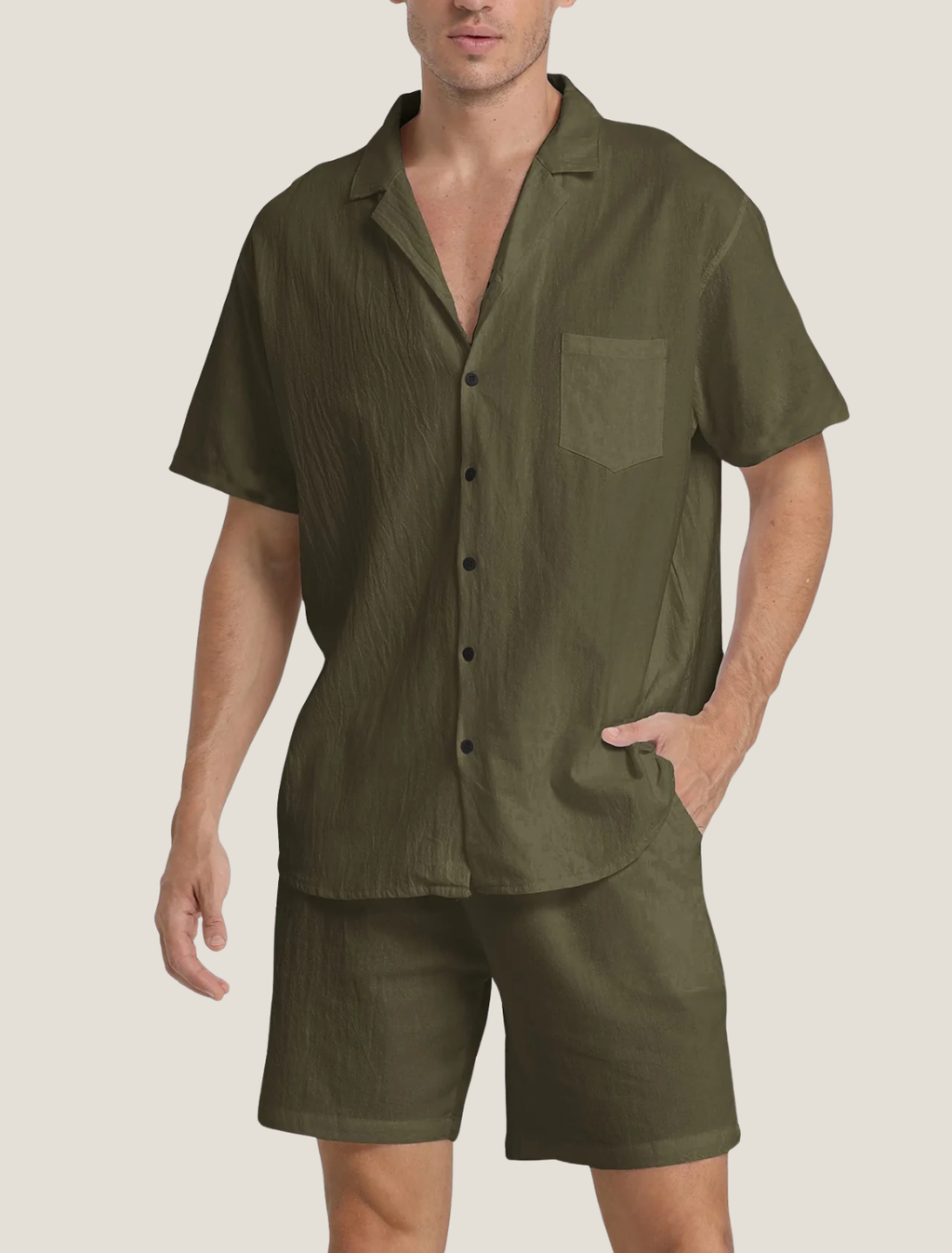 Men's Lightweight Short Sleeve Button Shirt and Shorts Set — close-up