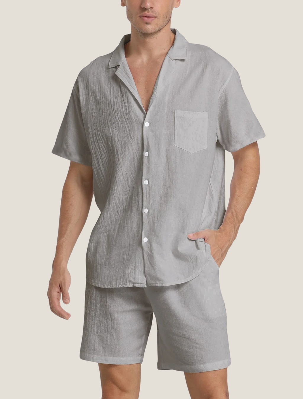 Men's Lightweight Short Sleeve Button Shirt and Shorts Set — model wearing