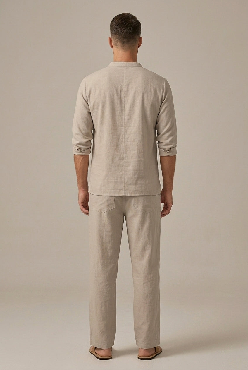Men's Linen Lace Up V-Neck Shirt and Wide Leg Trousers Set — back view