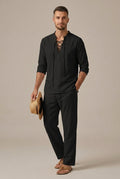 Men's Linen Lace Up V-Neck Shirt and Wide Leg Trousers Set — detail view