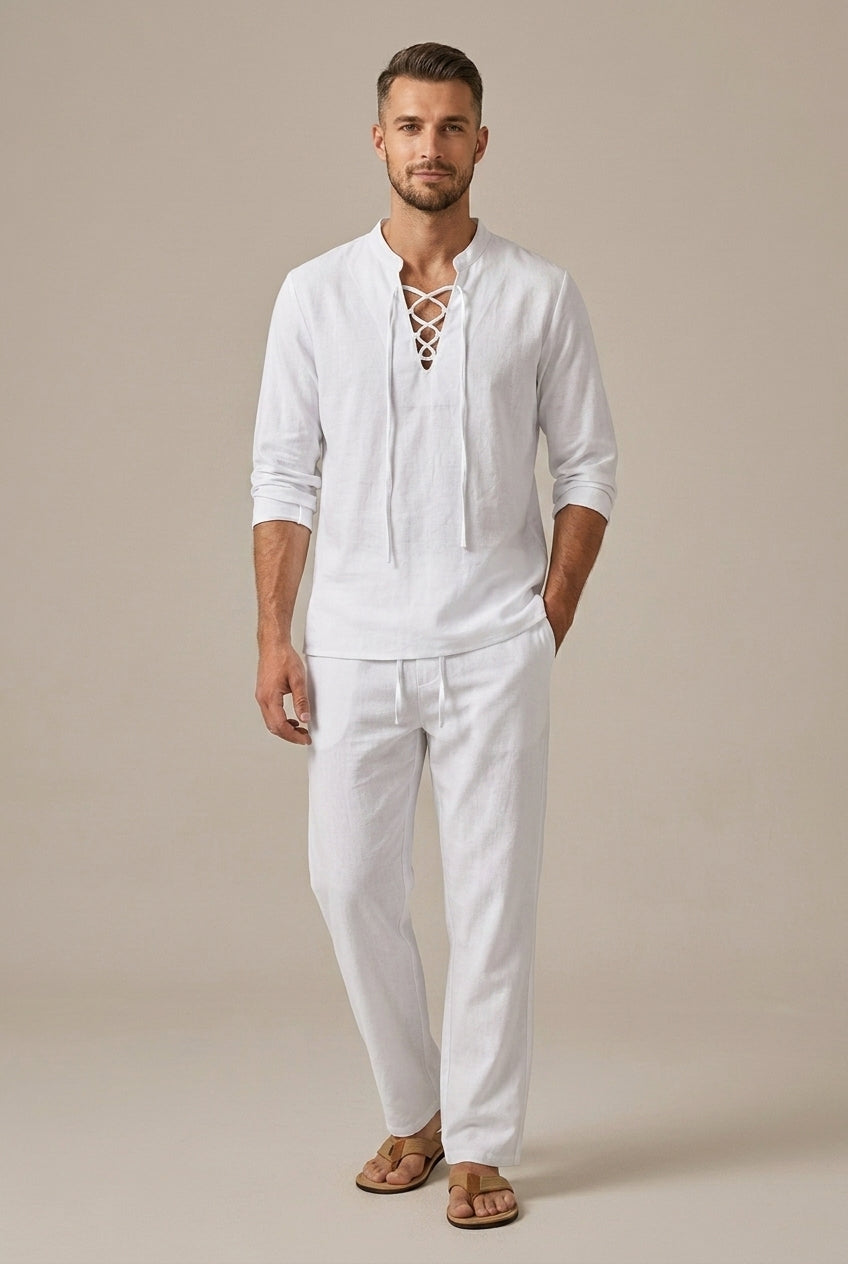 Men's Linen Lace Up V-Neck Shirt and Wide Leg Trousers Set — model wearing