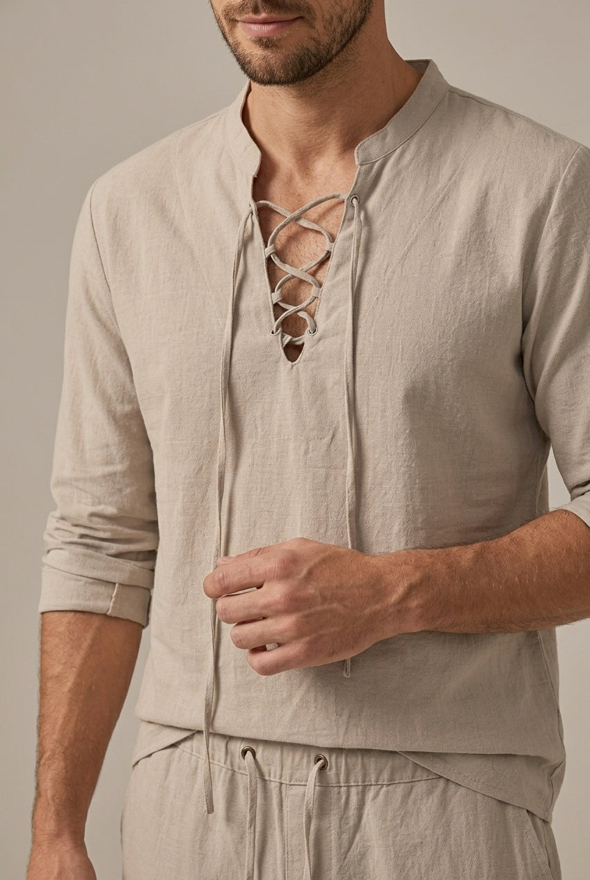 Men's Linen Lace Up V-Neck Shirt and Wide Leg Trousers Set — side view