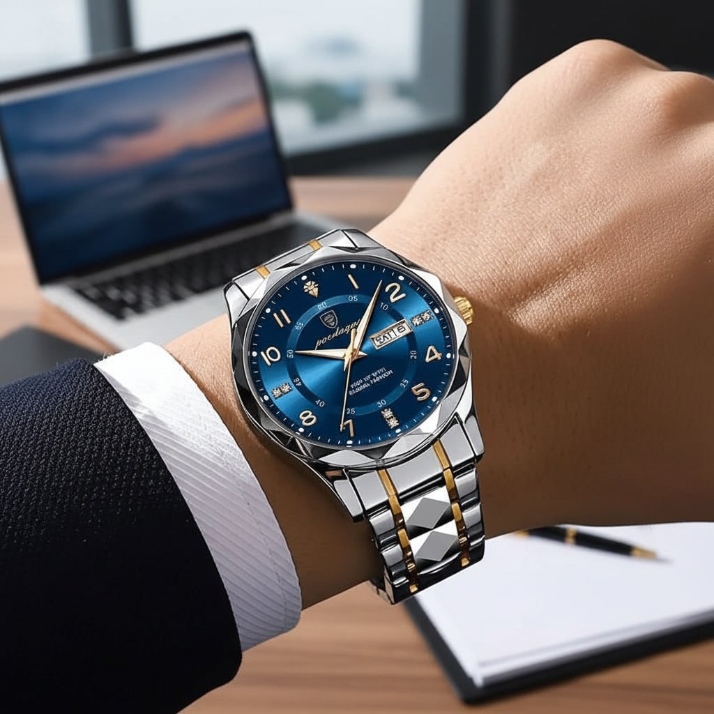 Men's Luxury Dress Watch with Faceted Bezel and Metal Band Under 500 - Image 1