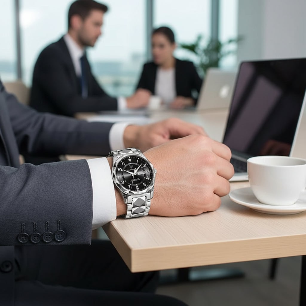 Men's Luxury Dress Watch with Faceted Bezel and Metal Band Under 500 - Image 11