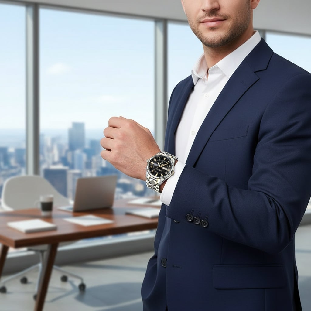 Men's Luxury Dress Watch with Faceted Bezel and Metal Band Under 500 - Image 4