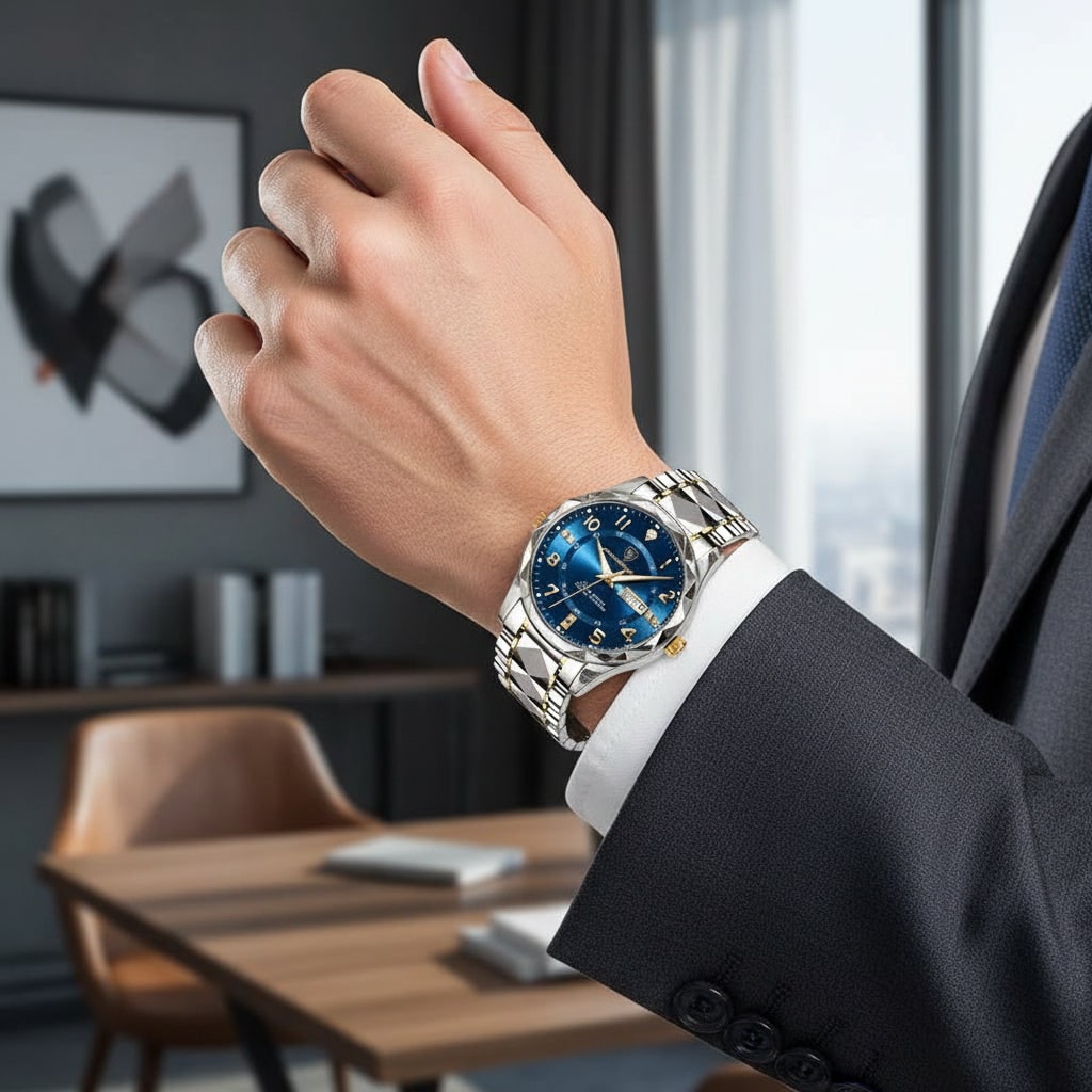 Men's Luxury Dress Watch with Faceted Bezel and Metal Band Under 500 - Image 5