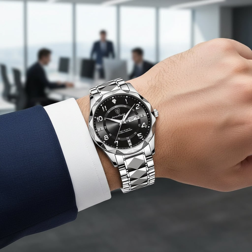 Men's Luxury Dress Watch with Faceted Bezel and Metal Band Under 500 - Image 6