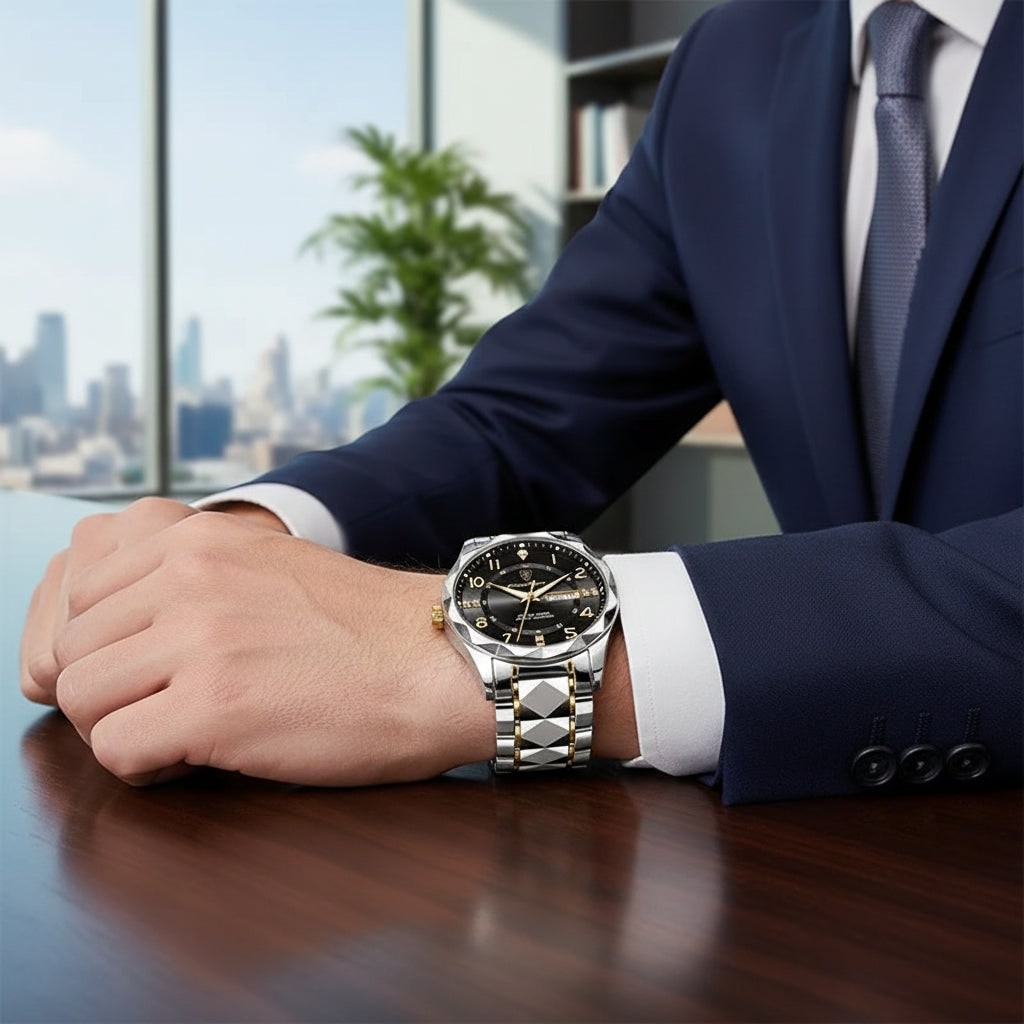 Men's Luxury Dress Watch with Faceted Bezel and Metal Band Under 500 - Image 7