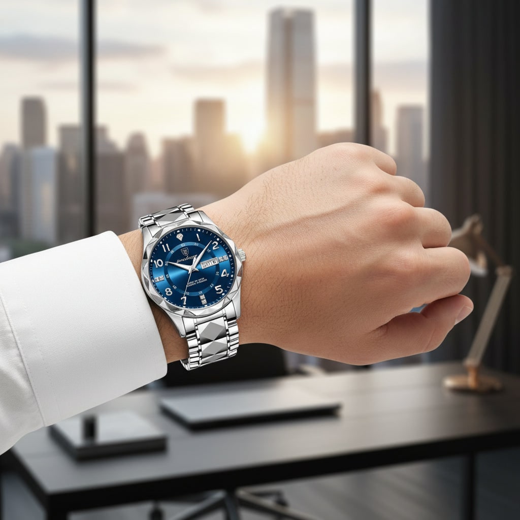 Men's Luxury Dress Watch with Faceted Bezel and Metal Band Under 500 - Image 8